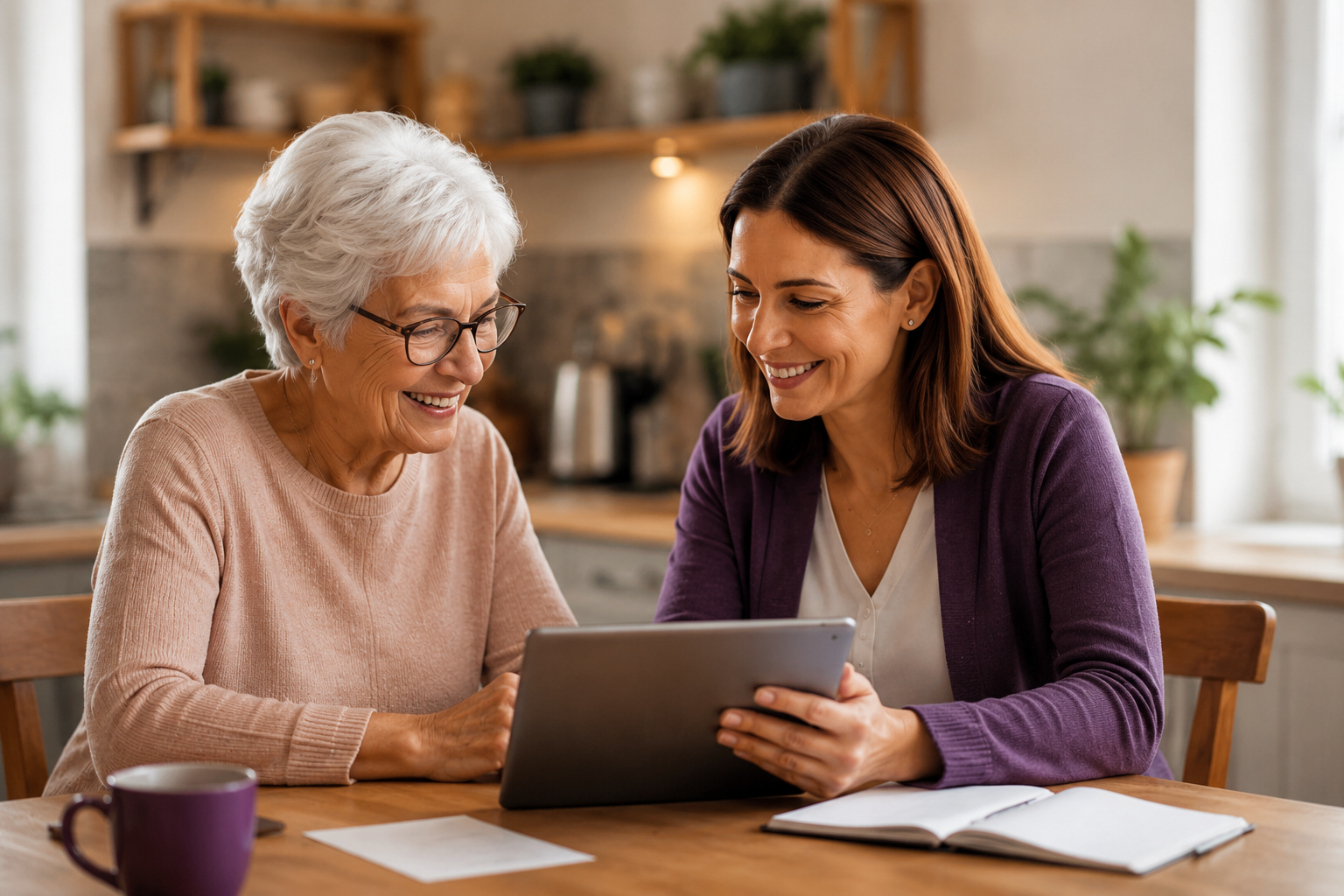 Ältere Dame und Angehörige am Tisch beim gemeinsamen Blick auf ein Tablet