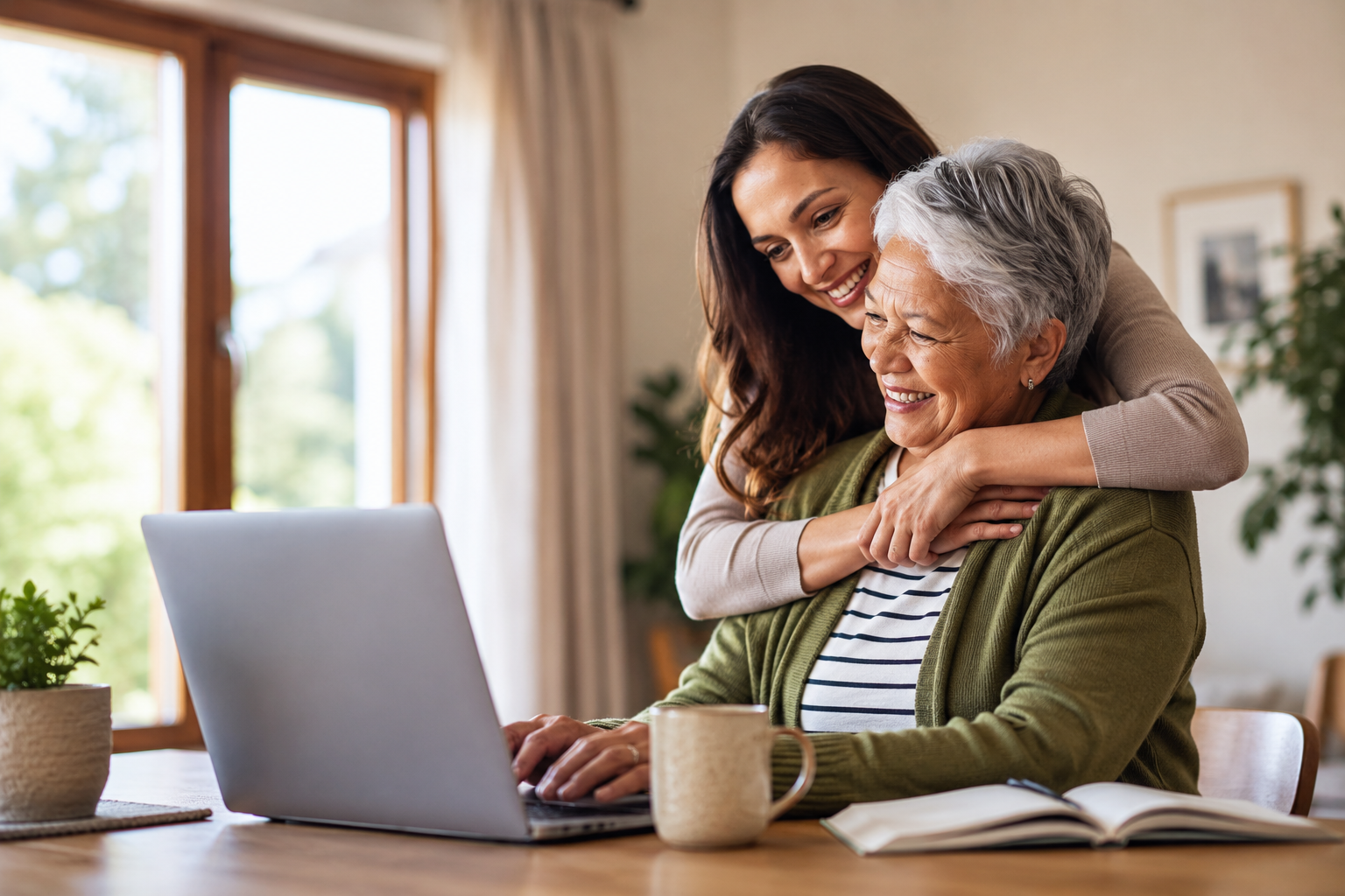 Tochter umarmt liebevoll ihre Mutter am Laptop zu Hause