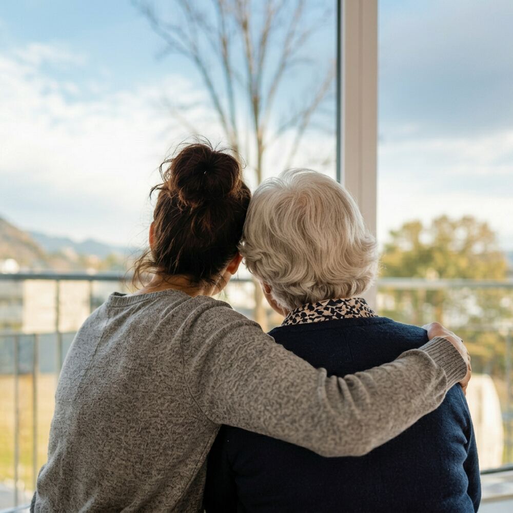 Tochter und Mutter zu Hause in Zürich – warme, vertrauensvolle Atmosphäre bei der Pflege